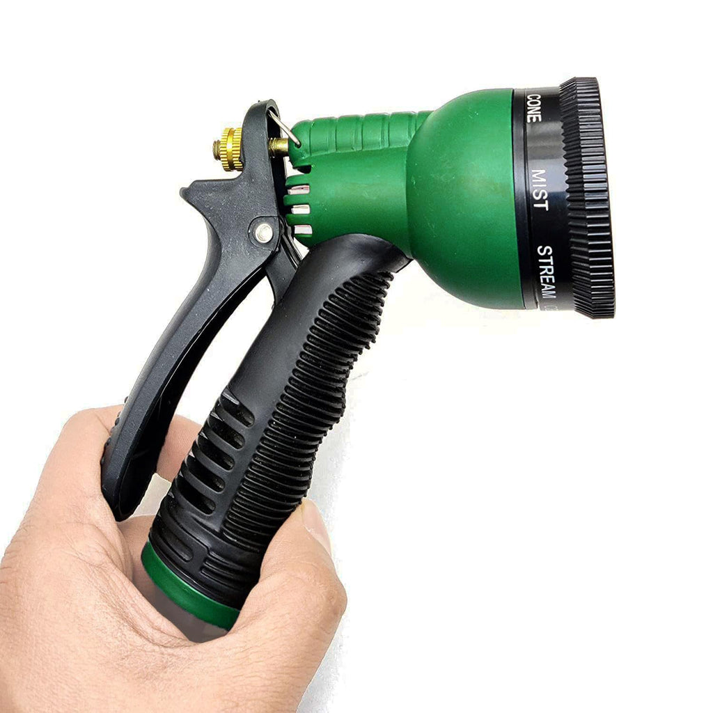8-mode high-pressure garden hose nozzle adjustable water spray gun for car wash bike cleaning and gardening, heavy duty. side view  of the product.