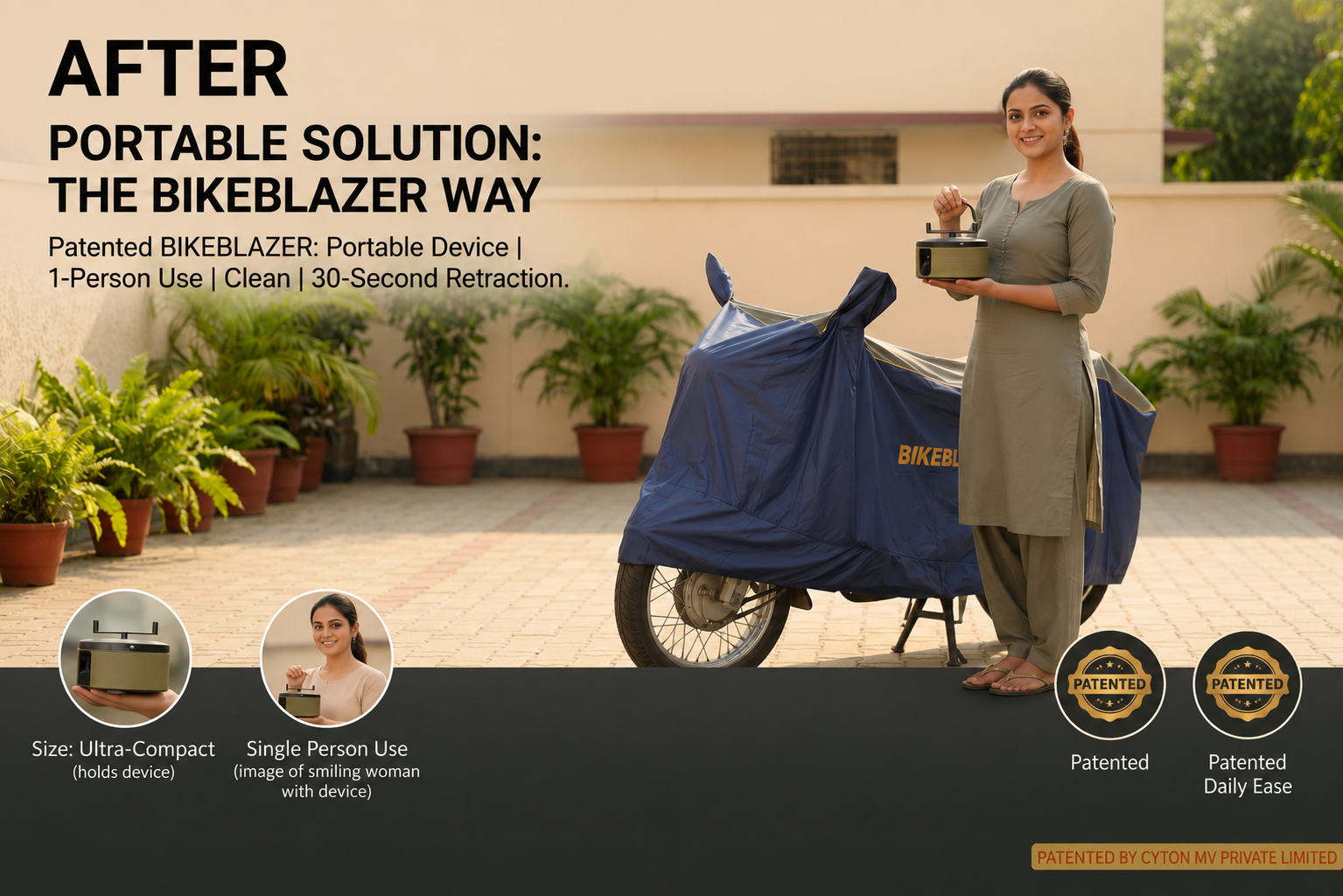 Woman holding the bikeblazer semi automatic portable bike cover device beside a fully covered motorcycle