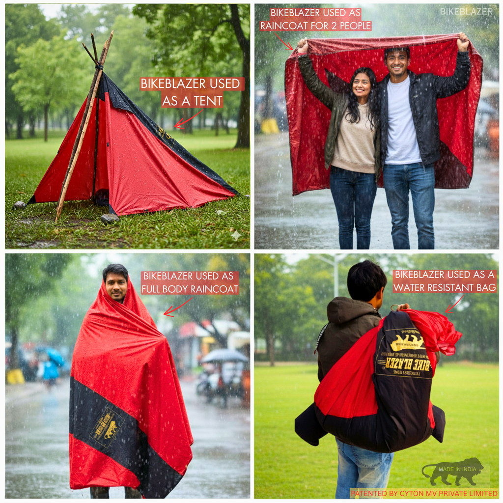 BikeBlazer portable bike cover demonstrating multiple uses as a tent rain cover for two people full body raincoat and water resistant carry bag