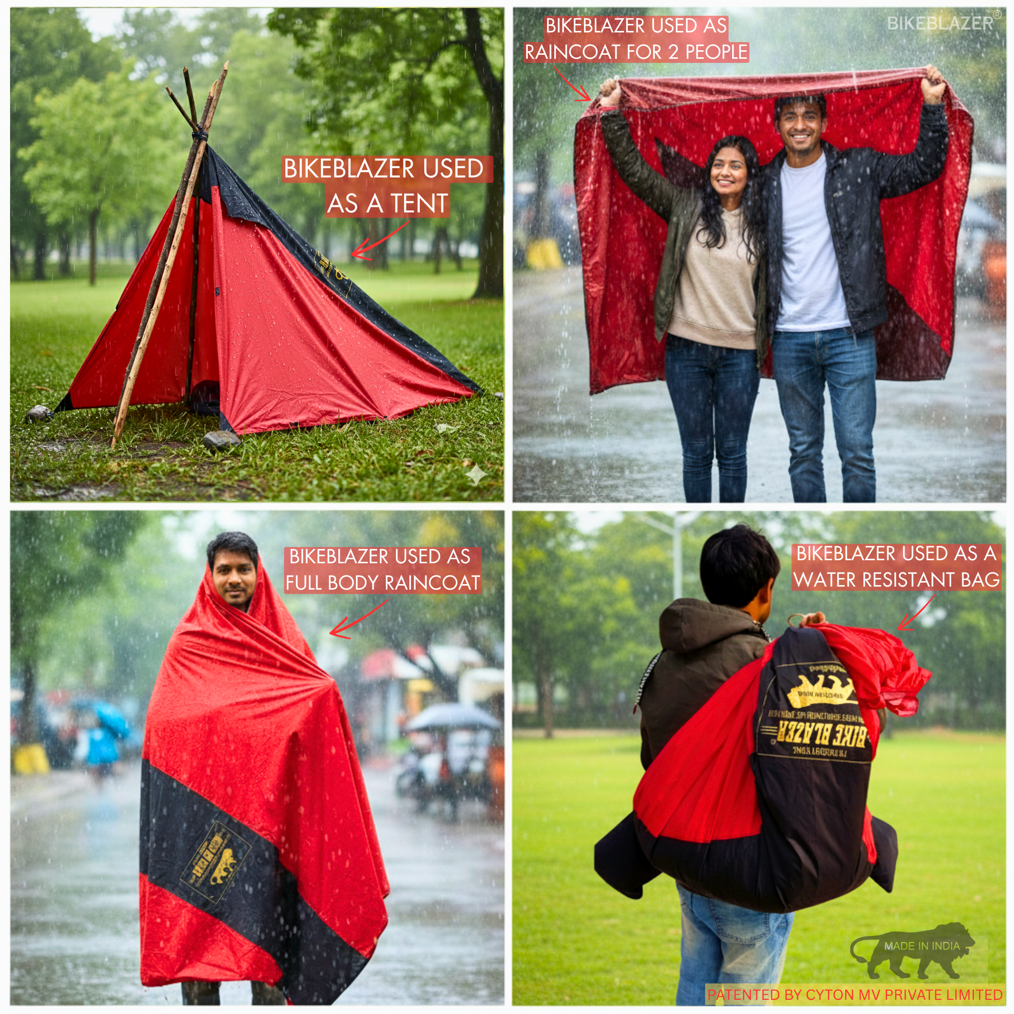 BikeBlazer portable bike cover demonstrating multiple uses as a tent rain cover for two people full body raincoat and water resistant carry bag