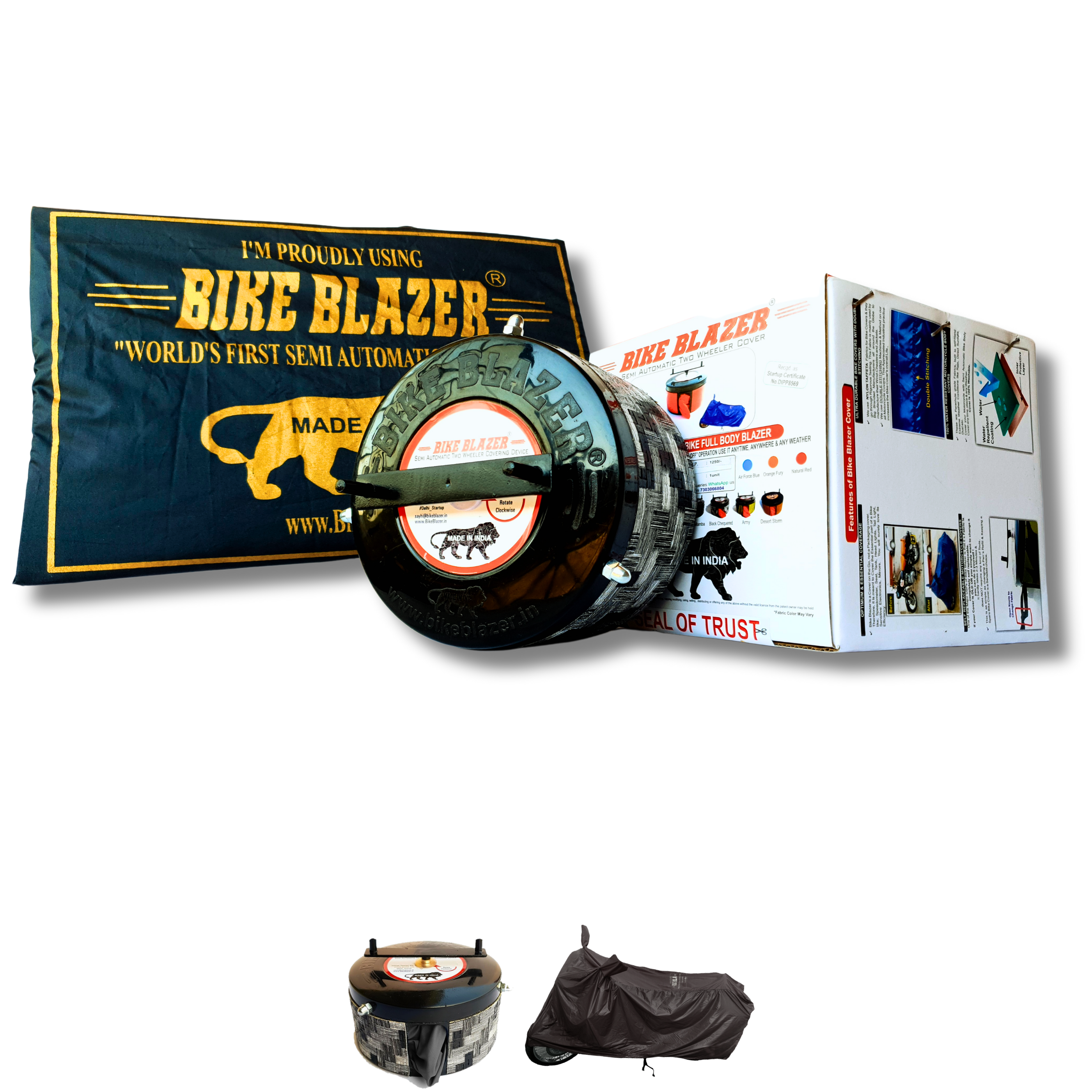 BikeBlazer motorcycle cover system with semi automatic operation for fast and convenient bike protection BCK