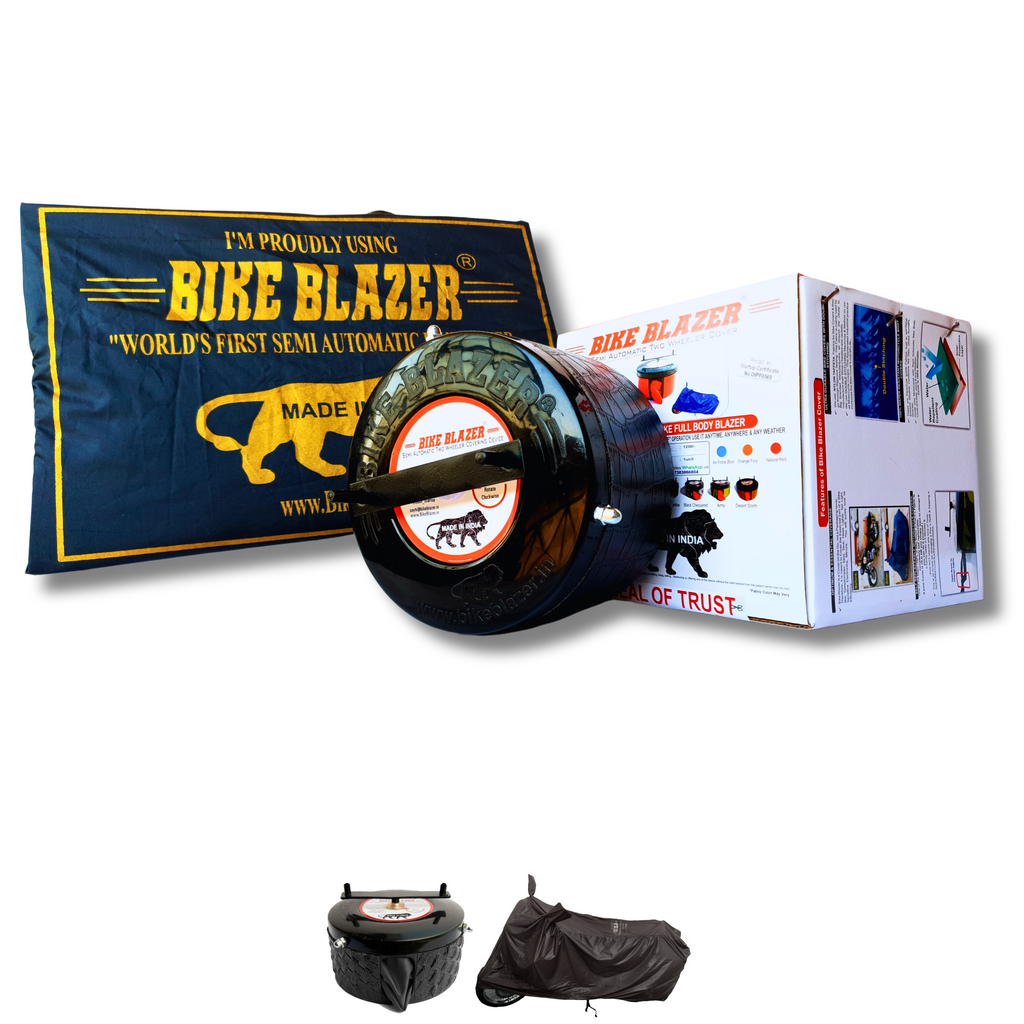 BikeBlazer full body waterproof motorcycle cover with semi automatic deployment for daily outdoor protection BMK