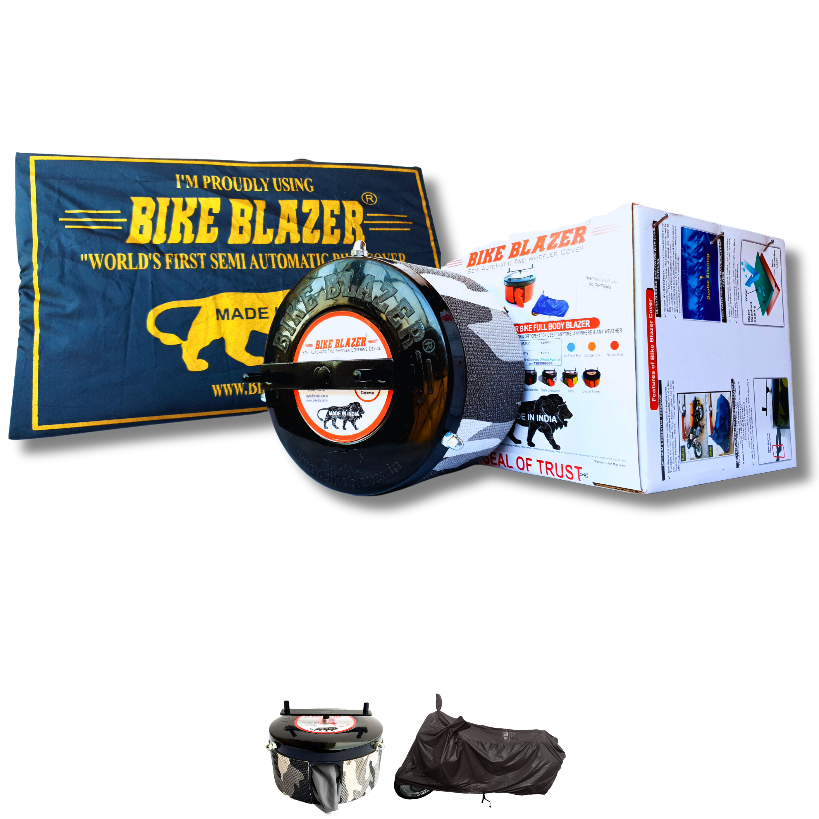 BikeBlazer full body motorcycle cover with a compact semi automatic mounting system for outdoor parking BPK