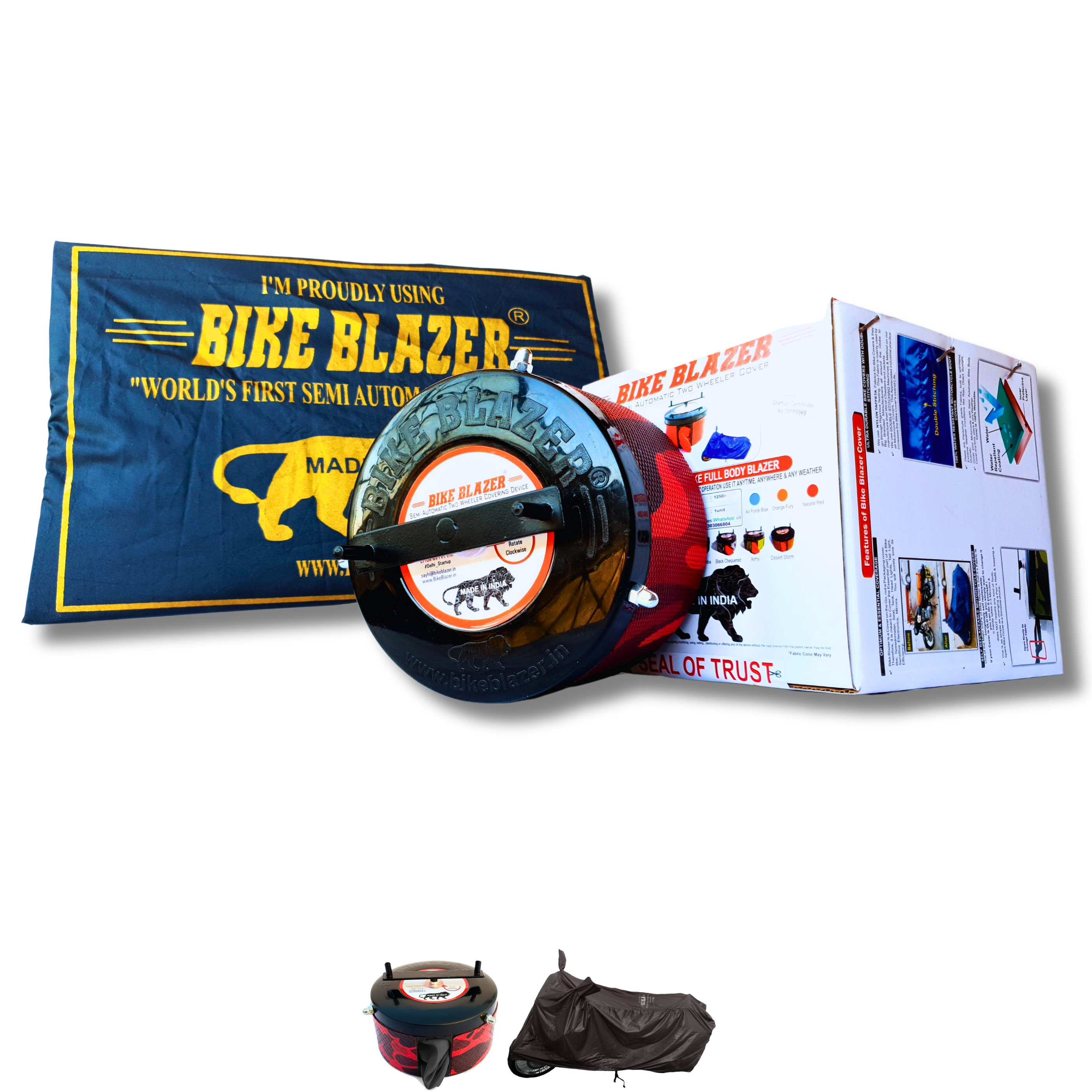 BikeBlazer motorcycle cover system with semi automatic operation for fast and convenient bike protection RPK