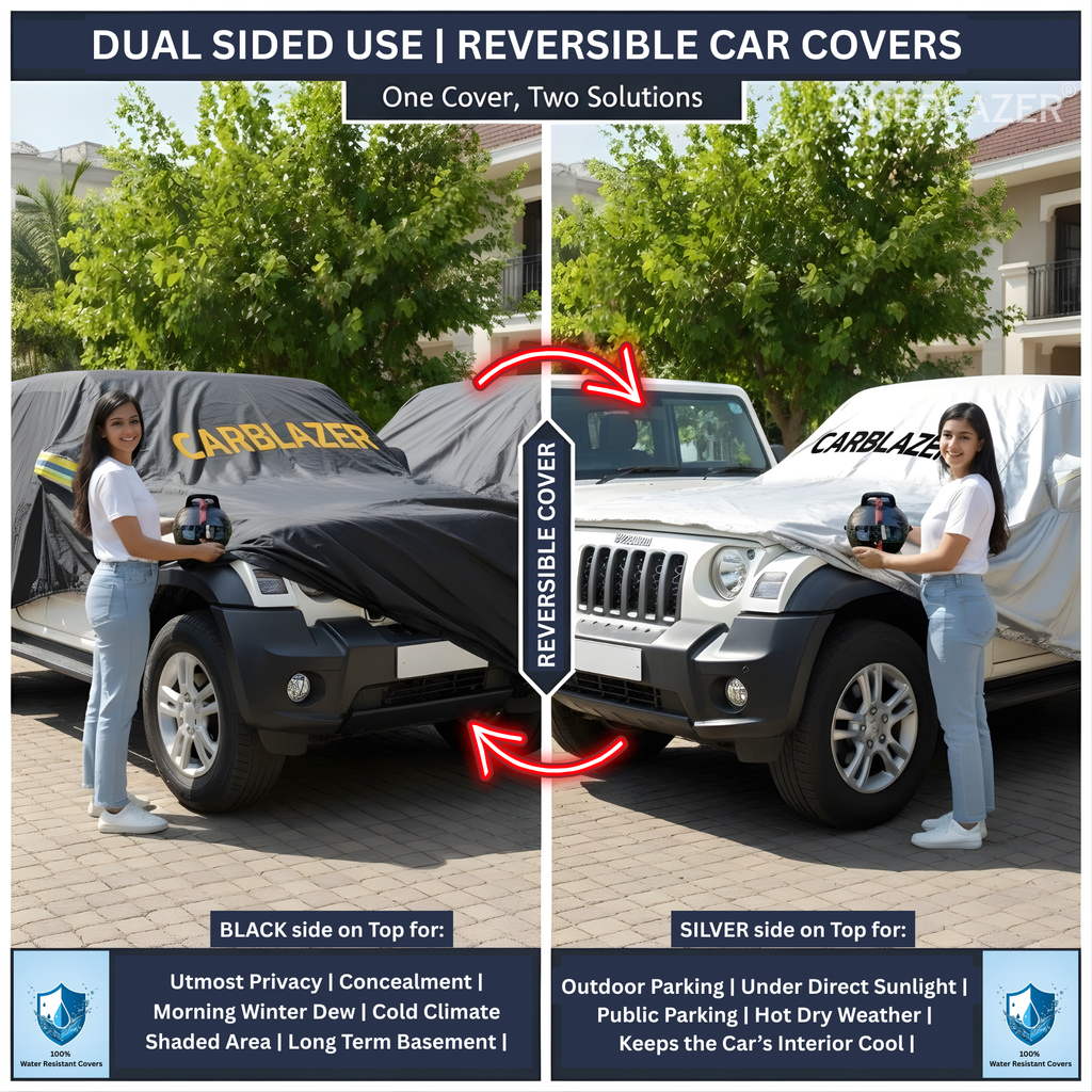CarBlazer reversible full body car cover with dual sided black and silver protection