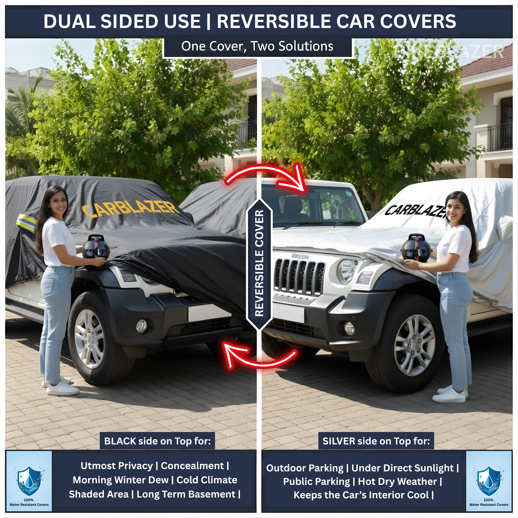 CarBlazer reversible full body car cover with dual sided black and silver protection