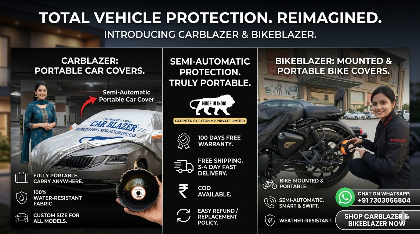 Carblazer and bikeblazer semi automatic portable vehicle covers for full body car and motorcycle protection