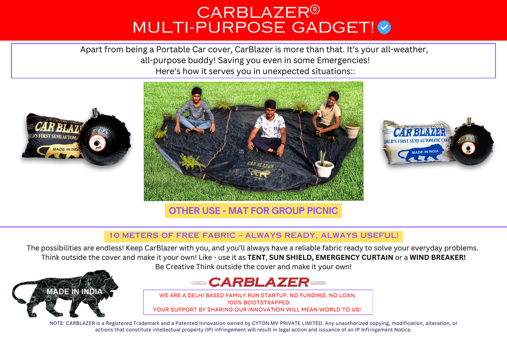 Carblazer portable car cover demonstrating multipurpose use as a picnic mat and outdoor ground sheet
