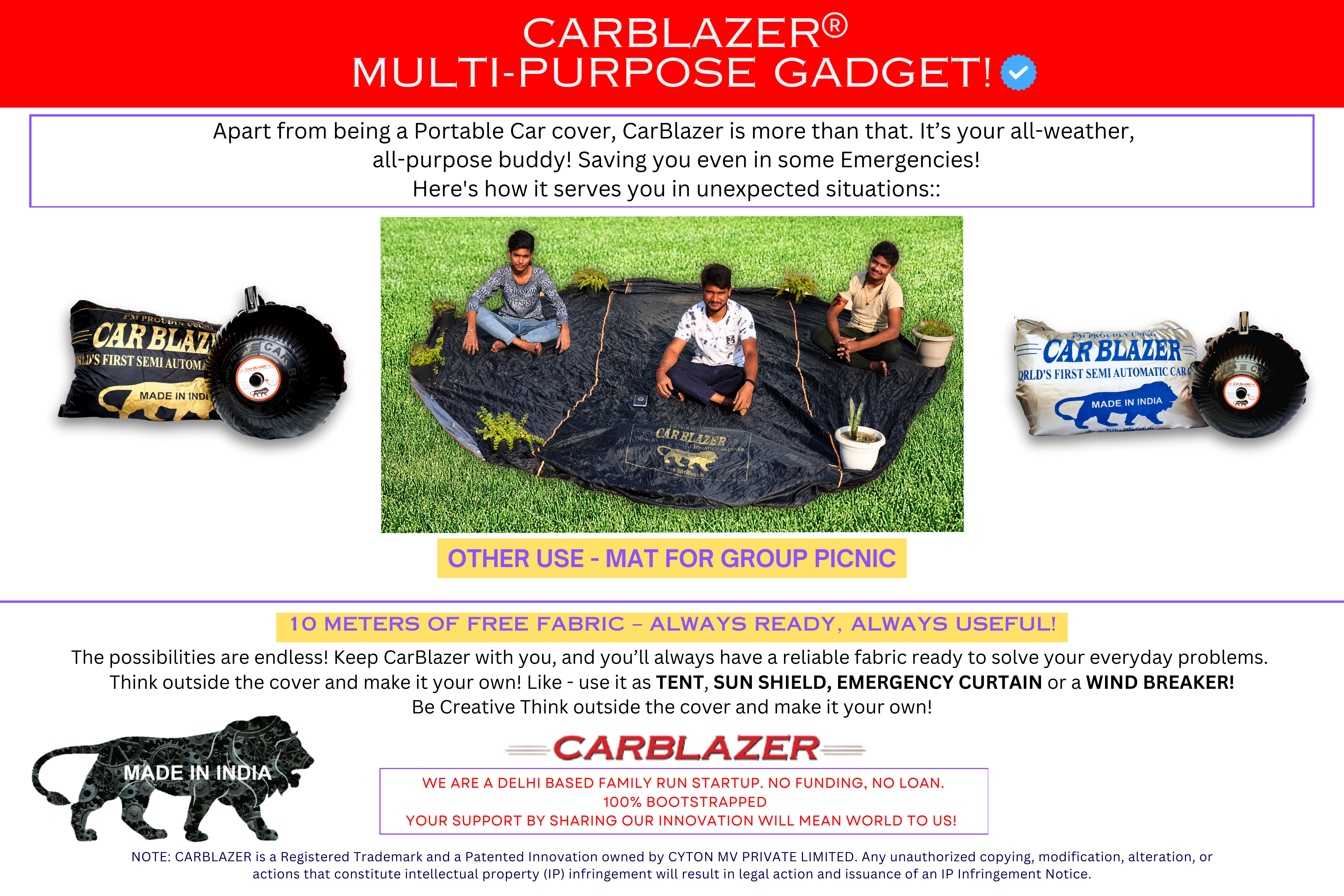 Carblazer portable car cover demonstrating multipurpose use as a picnic mat and outdoor ground sheet