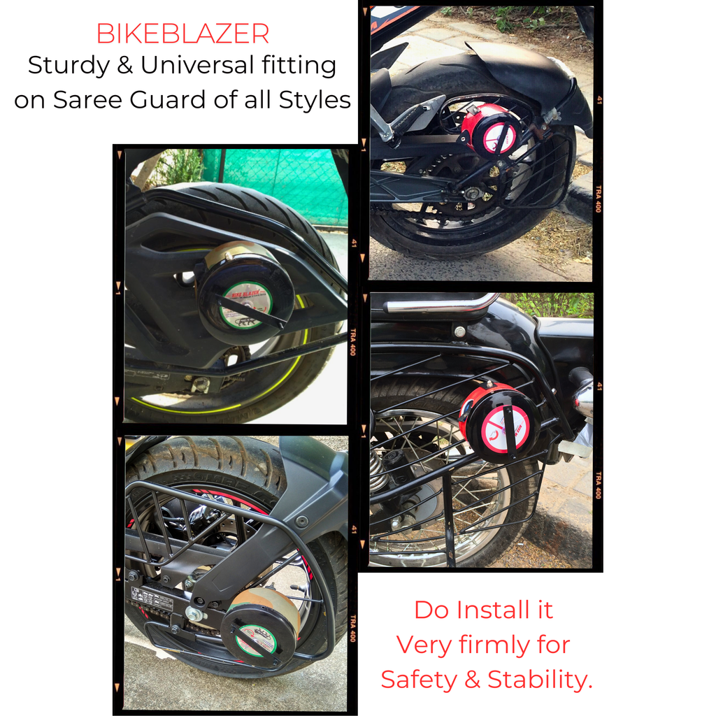 Customer review infographic showing BikeBlazer universal fitting on different motorcycle saree guard styles
