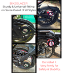 Customer review infographic showing BikeBlazer universal fitting on different motorcycle saree guard styles