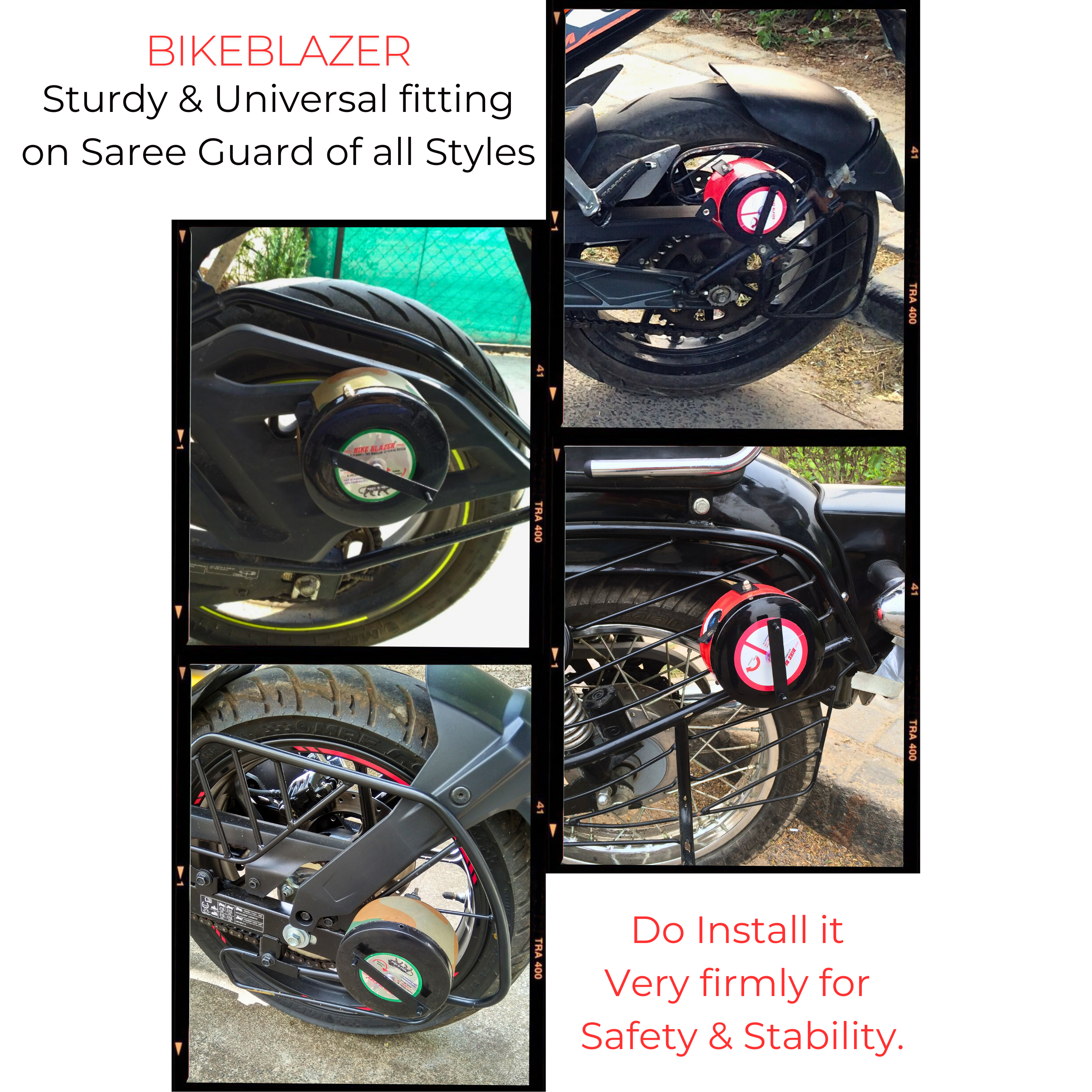 Customer review infographic showing BikeBlazer universal fitting on different motorcycle saree guard styles