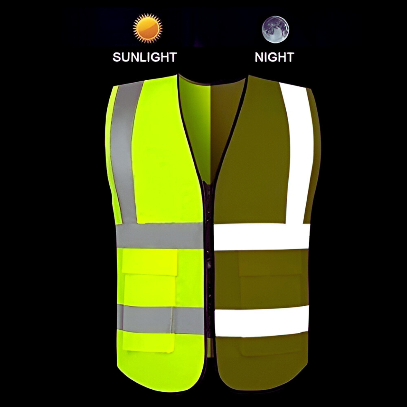 High visibility reflective safety vest demonstrating daytime fluorescent visibility and nighttime reflective performance bikeblazer & carblazer