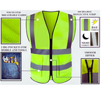 High visibility reflective safety vest featuring breathable polyester fabric, 360 degree reflective strips and utility pockets bikeblazer & carblazer