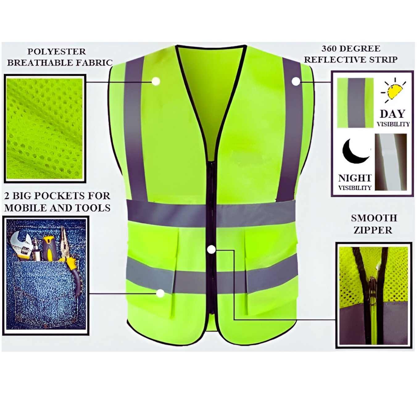 High visibility reflective safety vest featuring breathable polyester fabric, 360 degree reflective strips and utility pockets bikeblazer & carblazer