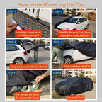 Illustrated six step guide showing how to install and use the CarBlazer semi automatic portable car cover