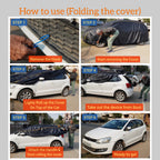 Illustrated six step guide showing how to remove and fold the CarBlazer semi automatic portable car cover