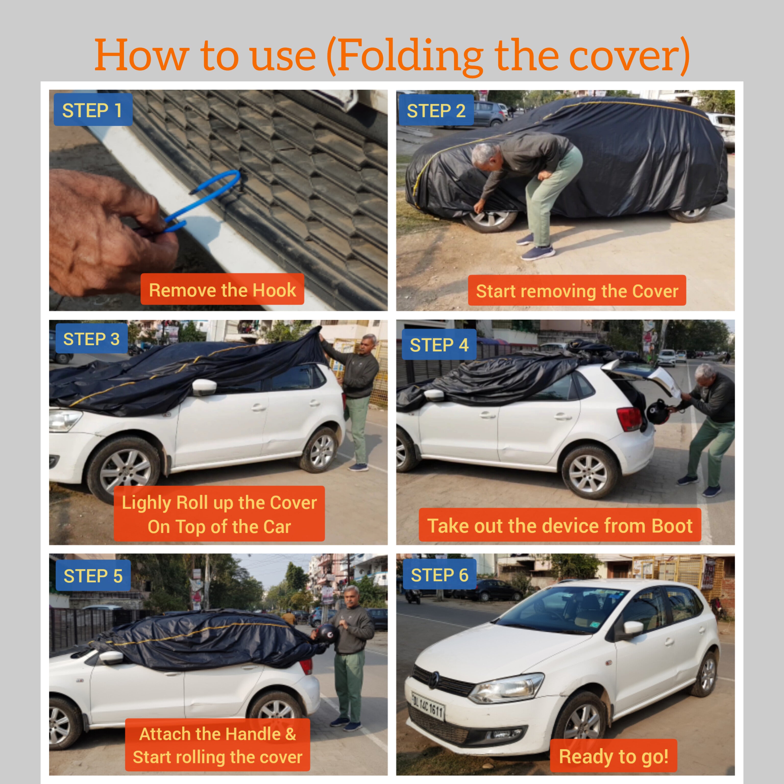 Illustrated six step guide showing how to remove and fold the CarBlazer semi automatic portable car cover