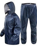 Men's waterproof polyester raincoat with pants for bike riding, outdoor use, mobile pocket and storage bag