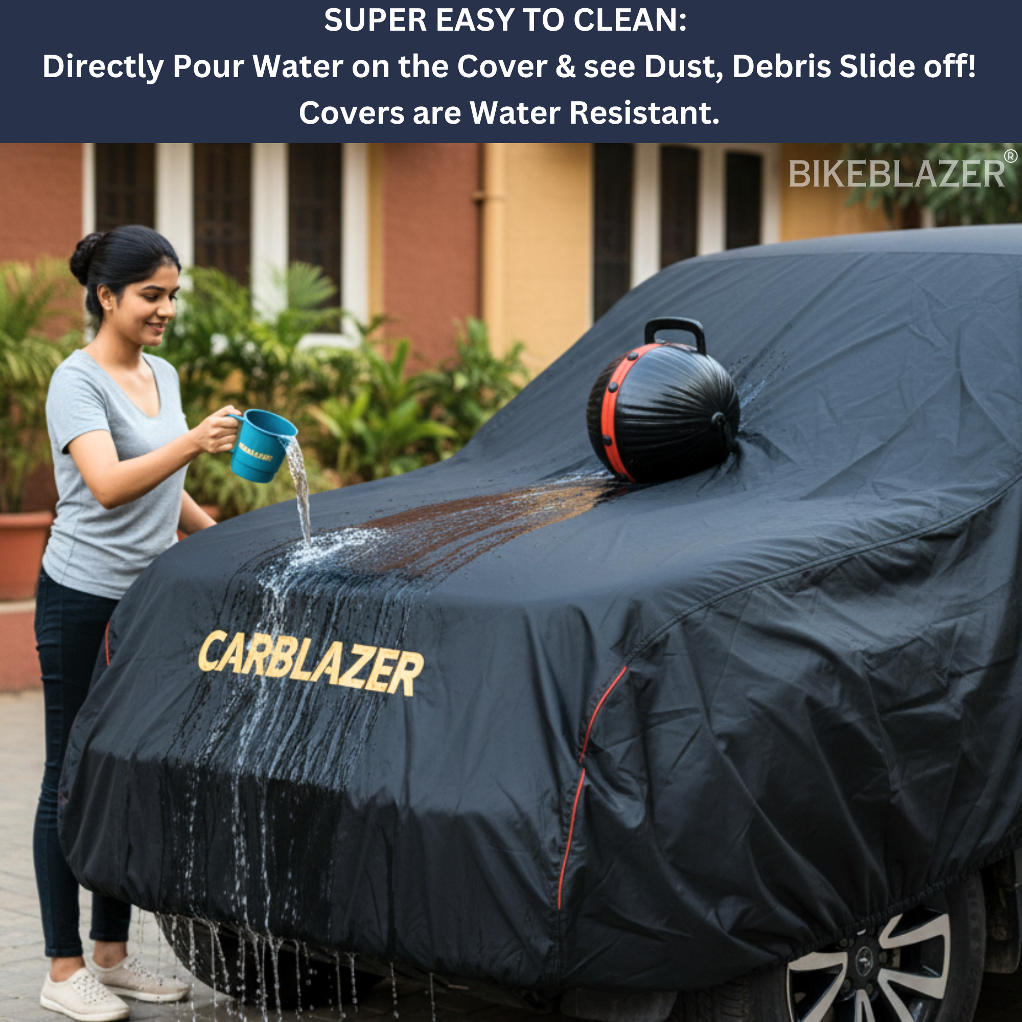 Pouring water on the carblazer semi automatic portable car cover to demonstrate easy cleaning and water resistant fabric portable cover for all cars in India tear resistant waterproof full body car covers