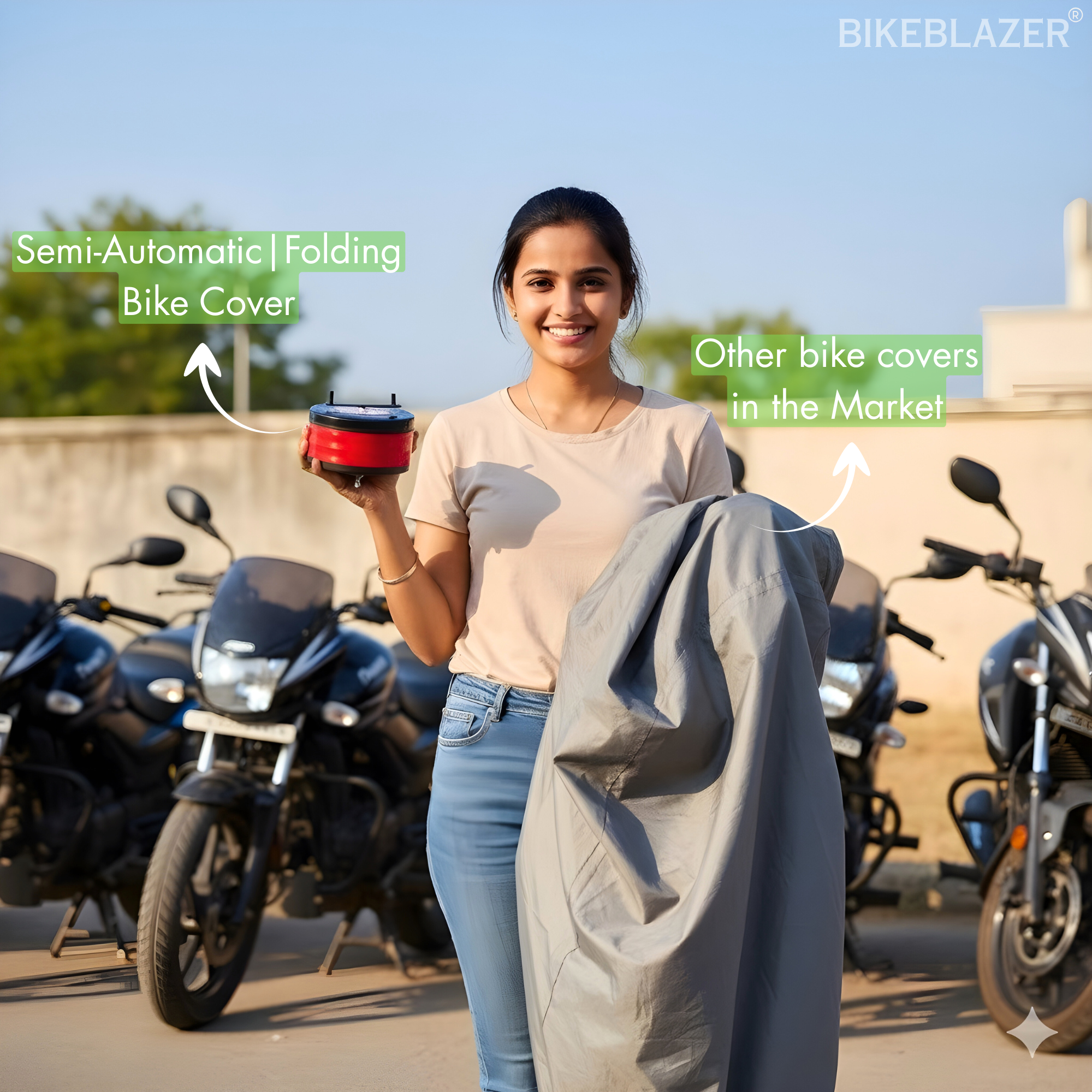 Woman holding the BikeBlazer semi automatic folding bike cover device and a traditional bike cover for comparison