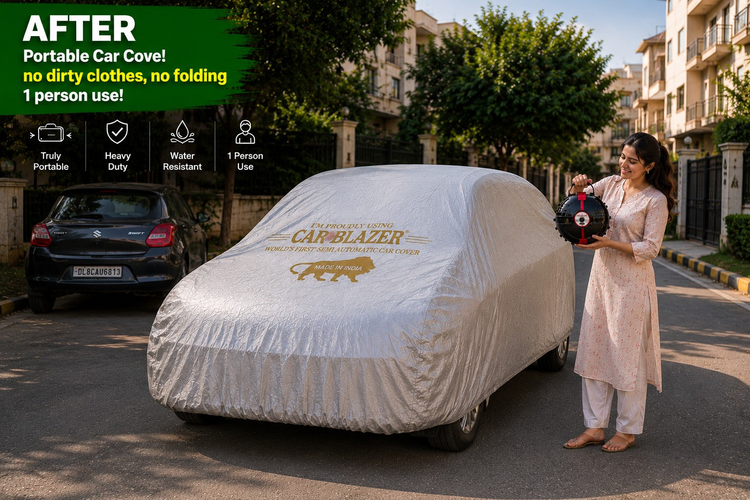 Woman holding the carblazer semi automatic portable car cover device beside a fully covered car