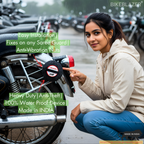 Woman pointing to the BikeBlazer semi automatic bike cover device mounted on a motorcycle saree guard
