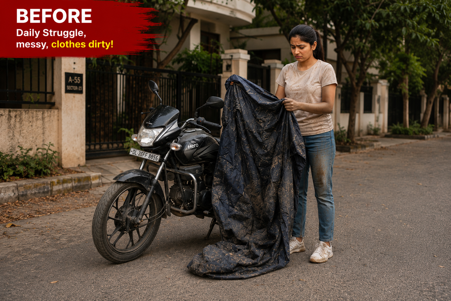 Woman struggling to remove a dirty traditional bike cover from a hero motorcycle before using bikeblazer