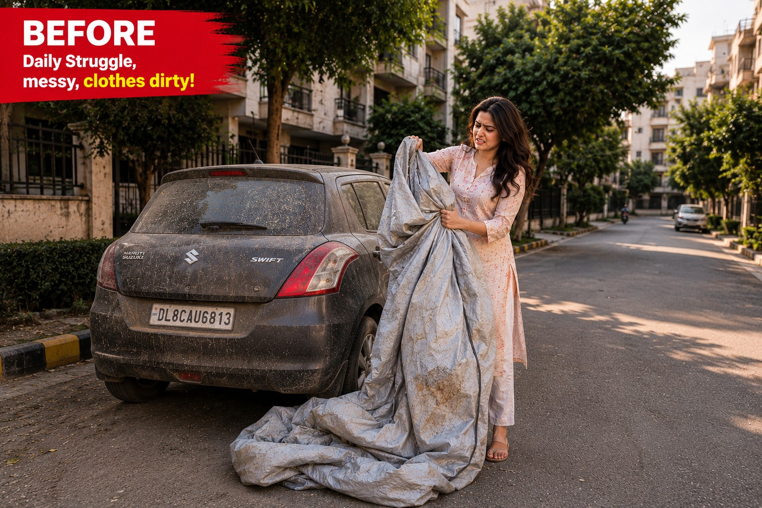 Woman struggling to remove a dirty traditional car cover from a dusty maruti suzuki swift before using carblazer