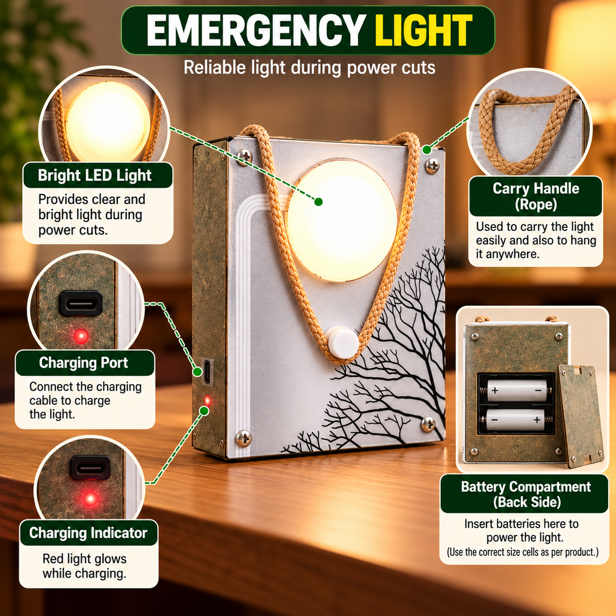Portable Emergency LED Light with Rope Handle for Home & Car