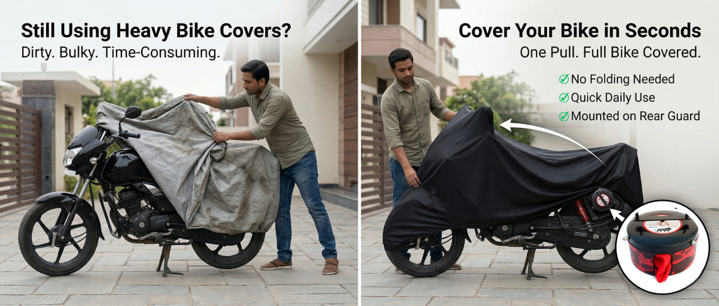 Bikeblazer portable semi automatic motorcycle cover with one pull operation, full body dust proof water resistant protection for bikes and scooters.