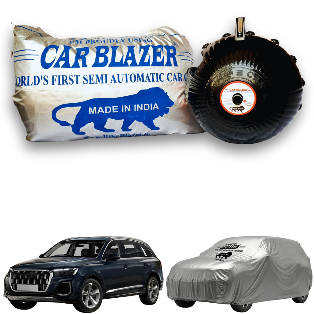 CarBlazer semi automatic portable full body waterproof car cover designed for luxury SUV rays of Suns with dust proof, UV rays of Sun safe and tear resistant outdoor protection Soft Scratproof, water, Dust & Wind resistant car coverfor Audi-Q7 all car models.