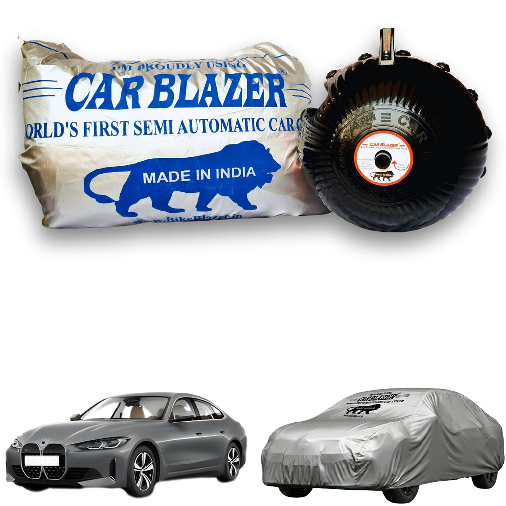 CarBlazer semi automatic portable full body waterproof car cover designed for luxury sedans with dust proof, UV safe and tear resistant outdoor protection Soft Scratproof, water, Dust & Wind resistant car coverfor BMW i4 all car models.