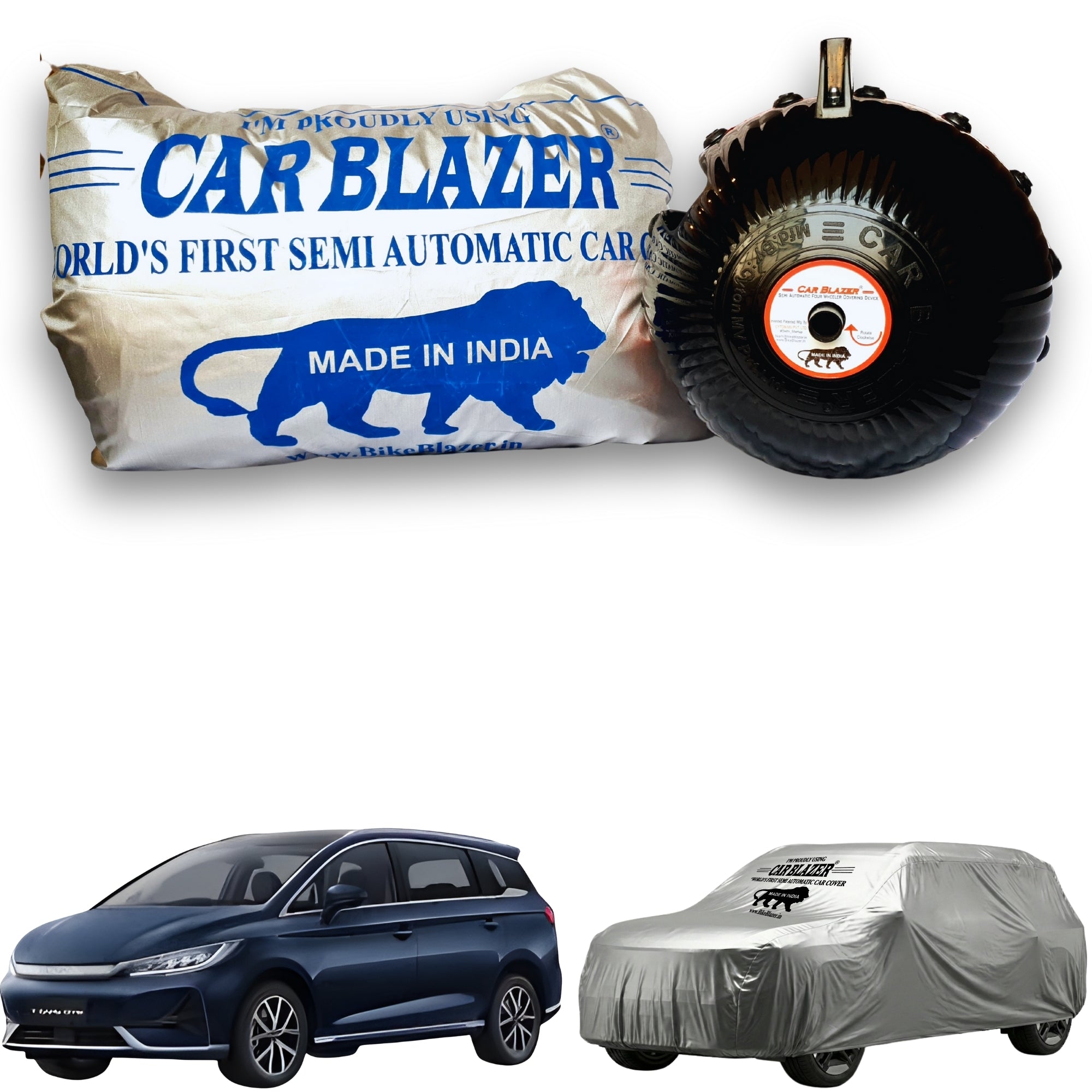 CarBlazer semi automatic portable full body car cover delivering waterproof, dust proof and UV rays of Sun safe protection for luxury SUV rays of Suns parked outdoors for BYD Emax 7 all car models.