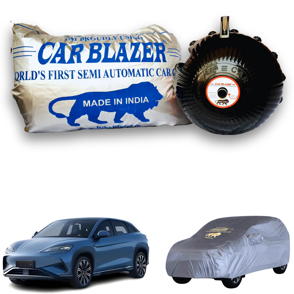 CarBlazer semi automatic portable full body car cover delivering waterproof, dust proof and UV rays of Sun safe protection for luxury SUV rays of Suns parked outdoors for BYD Sealion 7 all car models.