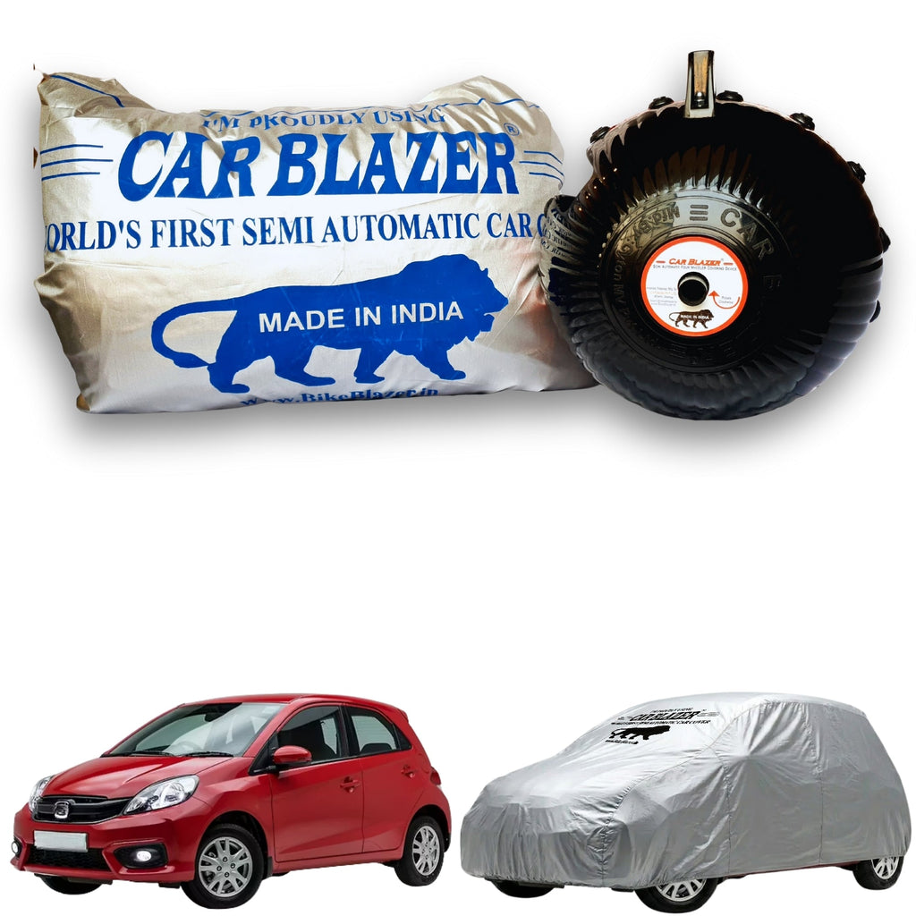 CarBlazer semi automatic portable full body waterproof car cover designed for compact hatchbacks with dust proof, UV safe, Dustproof & tear resistant outdoor protection  for Honda Brio all car models.