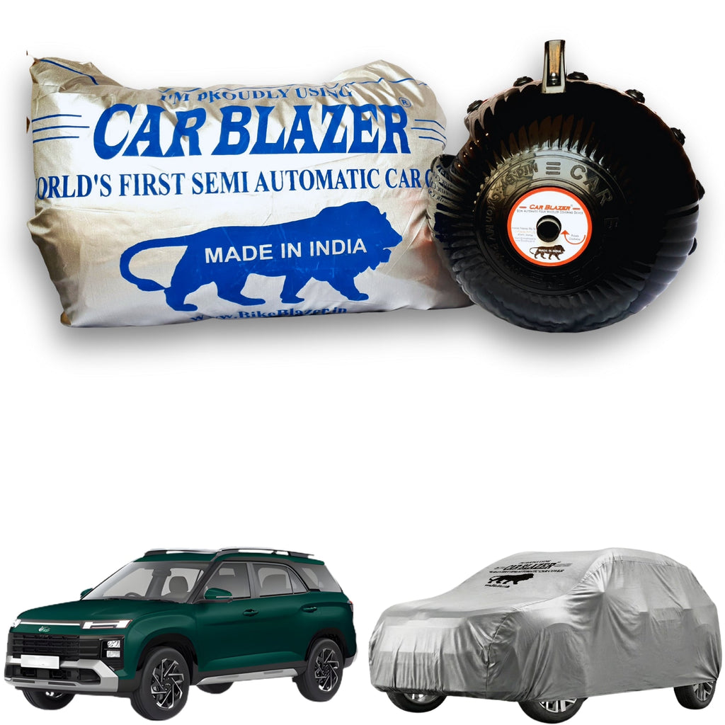 CarBlazer semi automatic portable full body waterproof car cover designed for full-size SUVs with dust proof, UV safe and tear resistant outdoor protection  Soft Scratproof, water, Dust & Wind resistant car coverfor Hyundai Alcazar all car models.