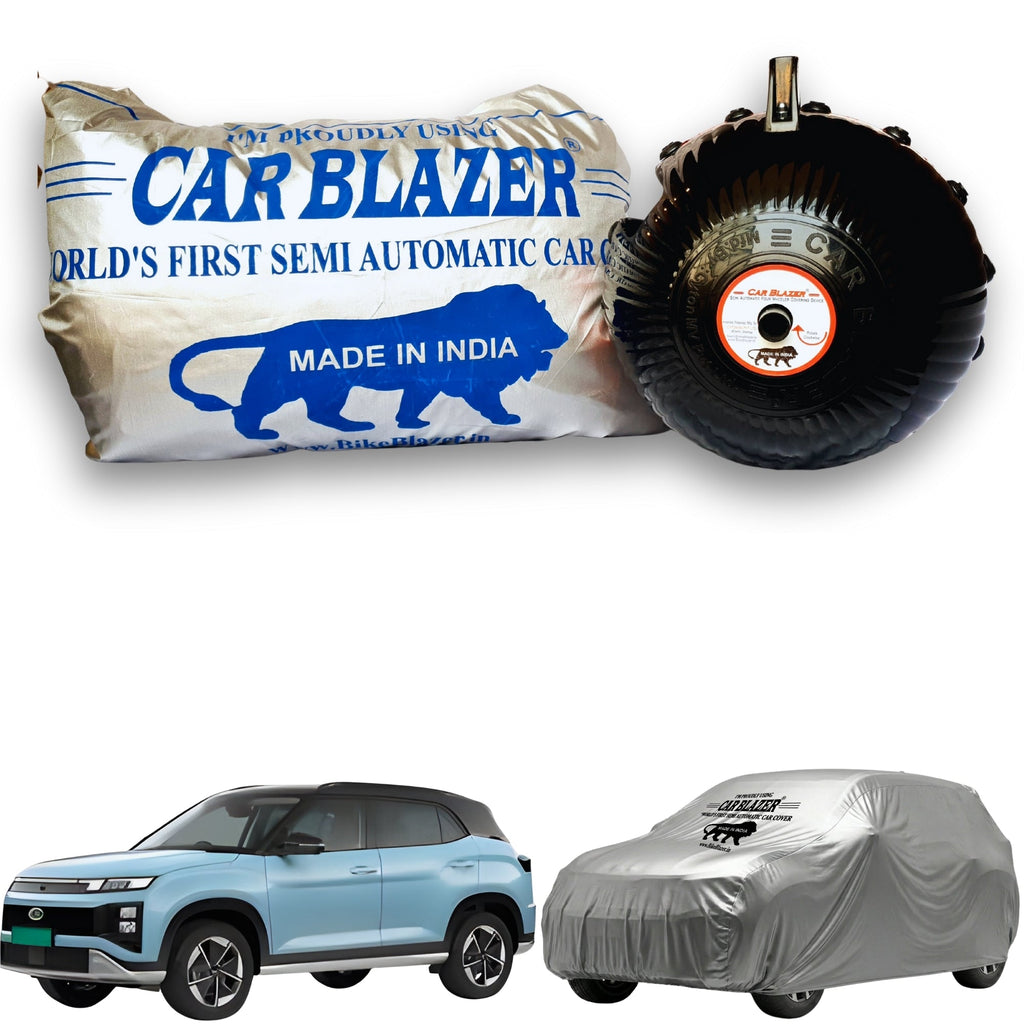 CarBlazer semi automatic portable full body waterproof car cover designed for mid-size SUV rays of Suns with dust proof, UV rays of Sun safe and tear resistant outdoor protection water, Dust & Wind resistant car coverfor Hyundai Creta Ev all car models.