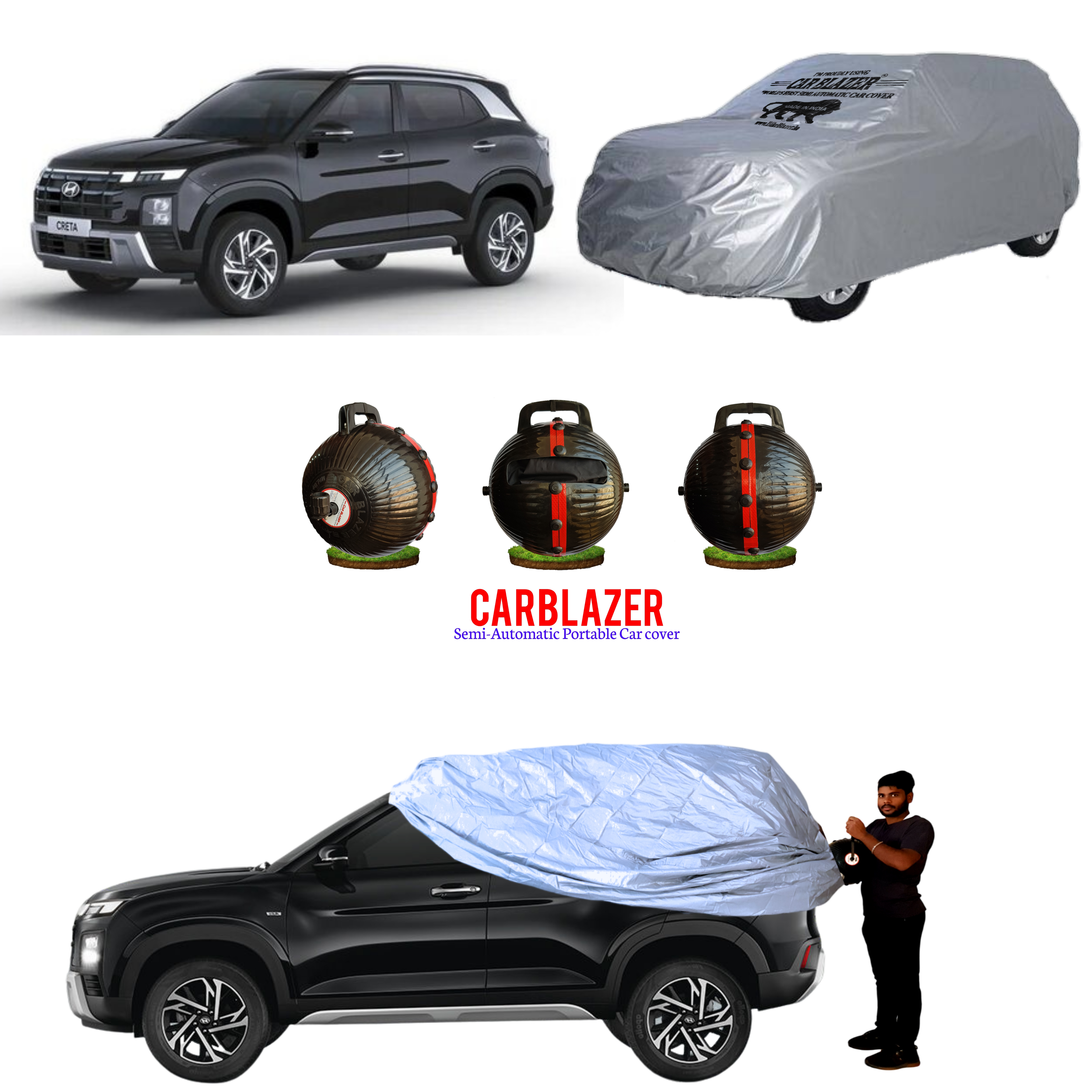 CarBlazer semi automatic portable full body waterproof car cover designed for mid-size SUV rays of Suns with dust proof, UV rays of Sun safe and tear resistant outdoor protection water, Dust & Wind resistant car coverfor Hyundai Creta Jan 2024 all car models.
