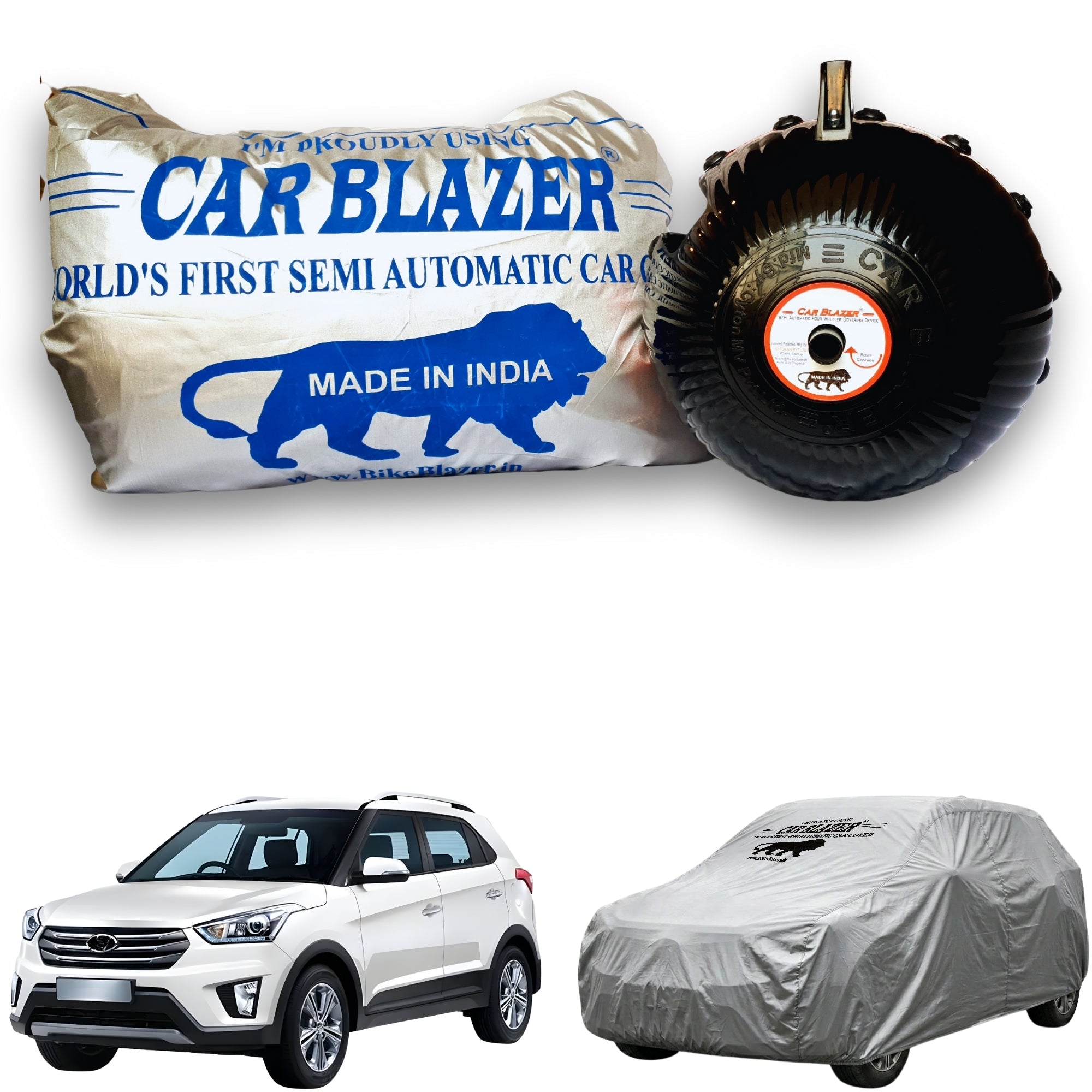 CarBlazer semi automatic portable full body waterproof car cover designed for mid-size SUV rays of Suns with dust proof, UV rays of Sun safe and tear resistant outdoor protection water, Dust & Wind resistant car coverfor Hyundai Creta all car models.