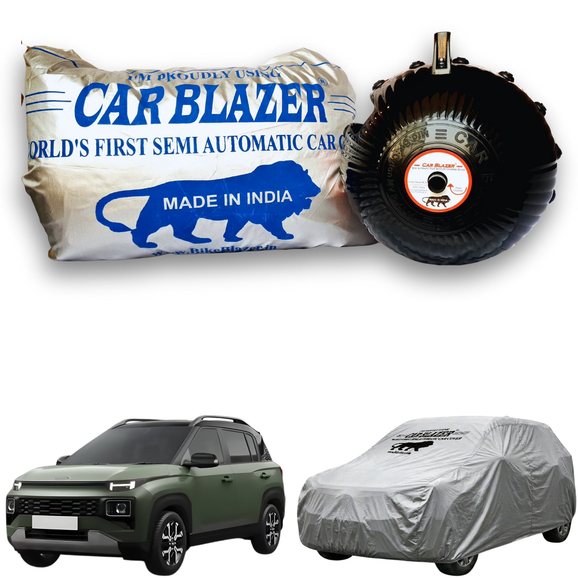 CarBlazer semi automatic waterproof car cover engineered for compact SUV rays of Suns with complete protection against rain, dust and harmful UV rays of Sun exposure for Hyundai Exter all car models.