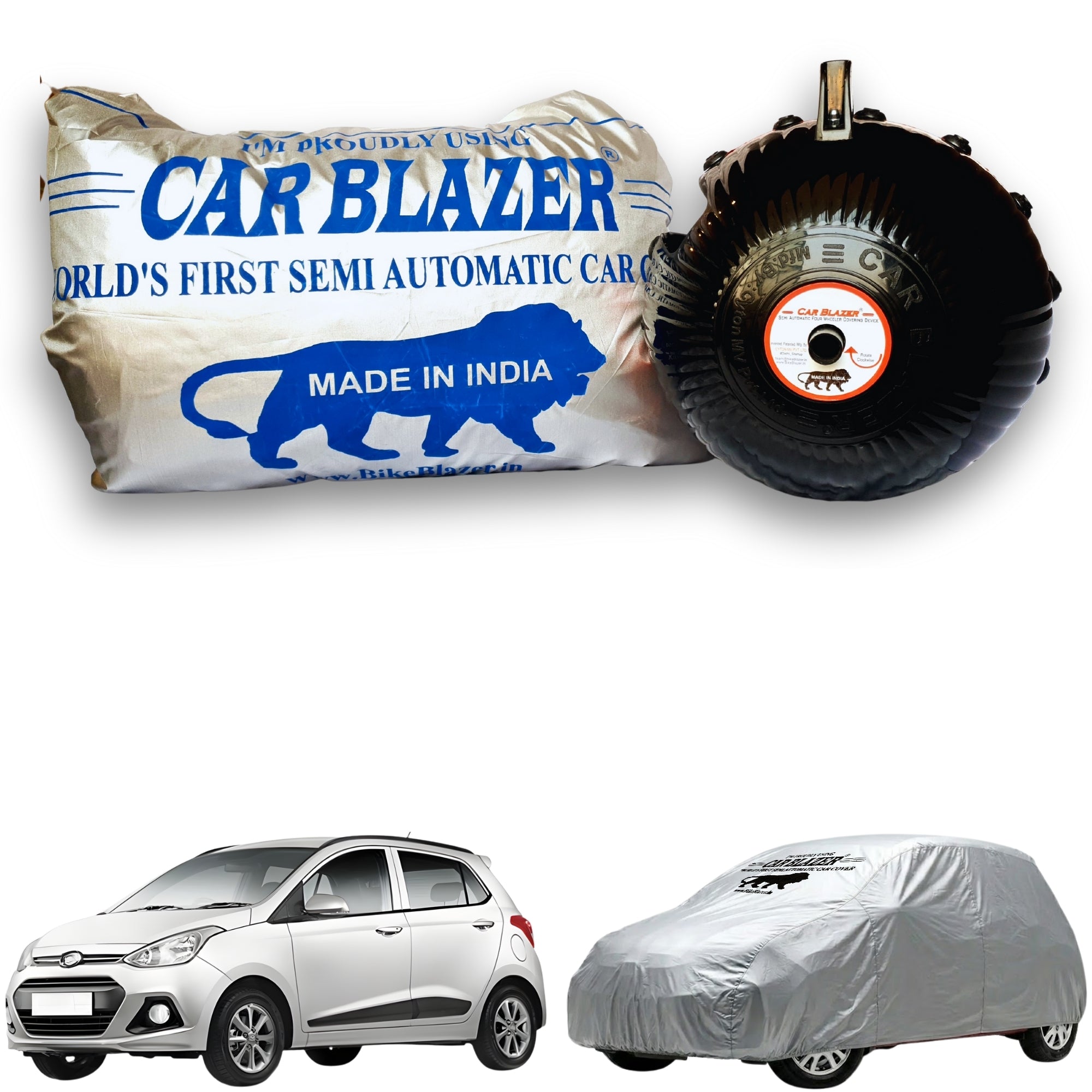 CarBlazer semi automatic waterproof car cover engineered for compact city cars with full body coverage against dust, rain water & Sun Heat protection with reflective coatingfor Hyundai Grand i10 all car models.