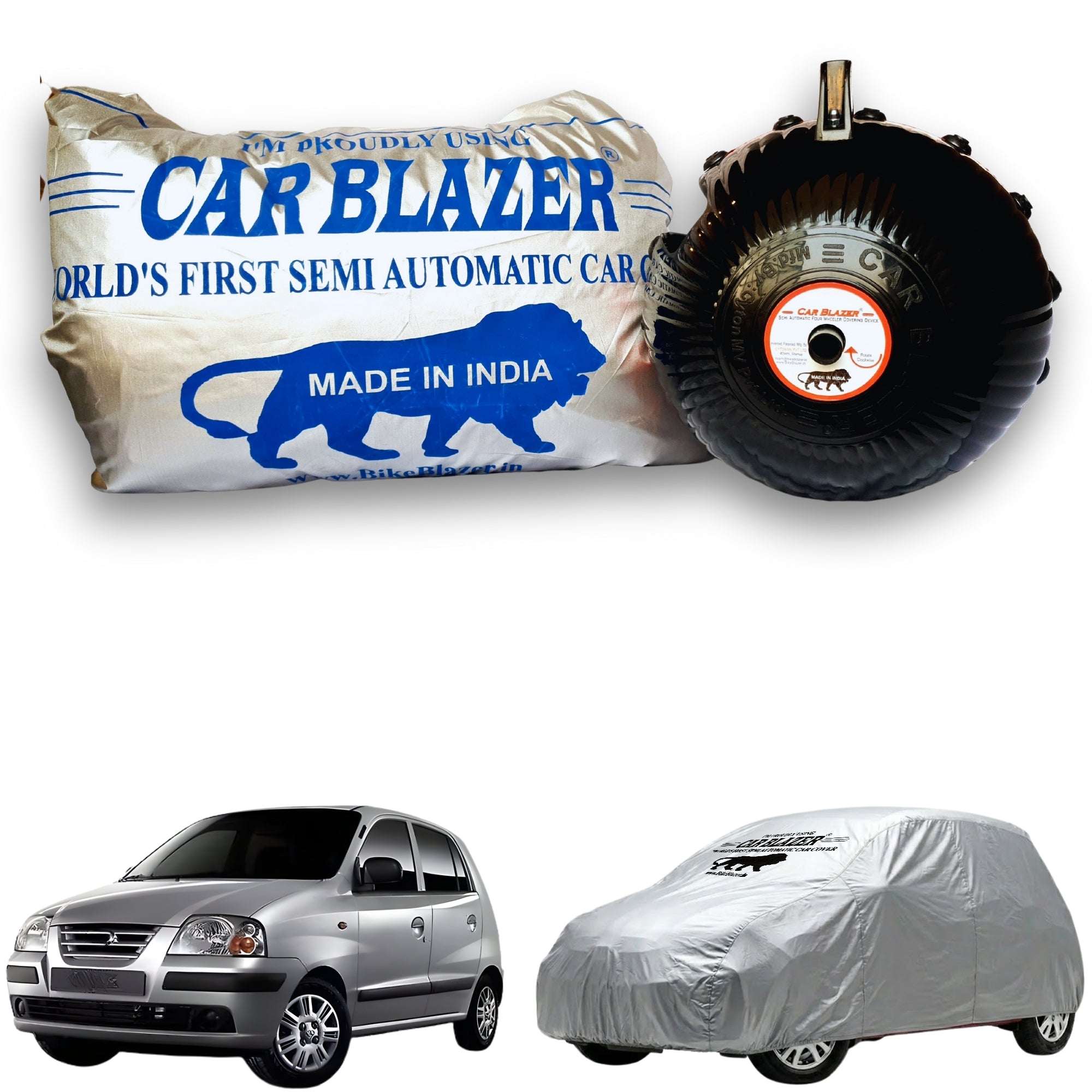 CarBlazer semi automatic portable full body waterproof car cover designed for compact hatchbacks with dust proof, UV safe, Dustproof & tear resistant outdoor protection for Hyundai Santro Xing all car models.