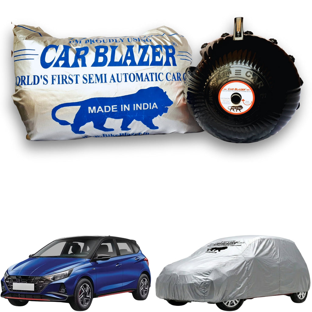 CarBlazer semi automatic portable full body waterproof car cover designed for premium hatchbacks with dust proof,  Sun heat, tear resistant protection & Scratproof Coverfor Hyundai i20 N Line all car models.