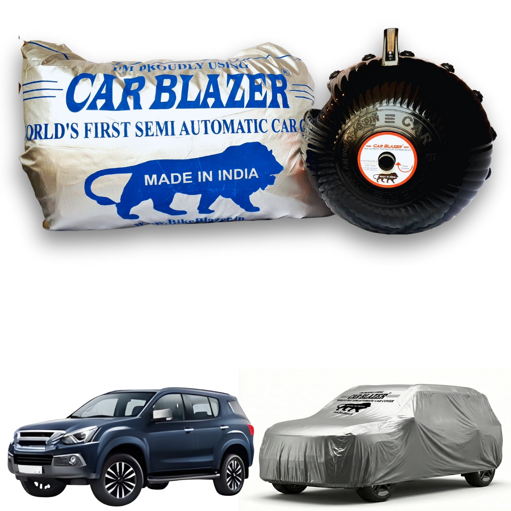CarBlazer semi automatic waterproof car cover engineered for luxury SUV rays of Suns with complete protection against rain, dust and harmful UV rays of Sun exposure Soft Scratproof, water, Dust & Wind resistant car coverfor Isuzu MU X all car models.