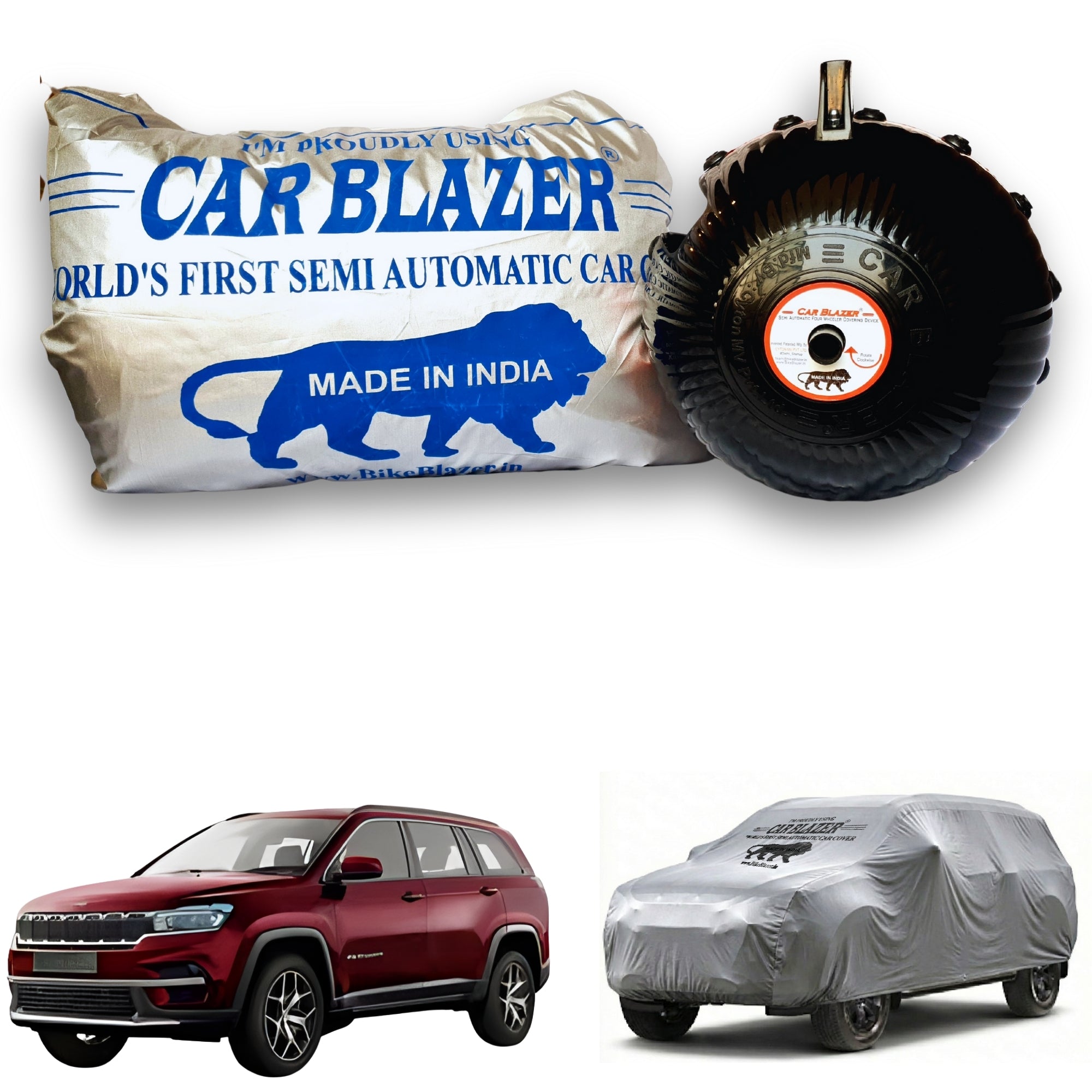CarBlazer semi automatic portable full body car cover delivering waterproof, dust proof and UV safe protection for full-size SUVs parked outdoors  Soft Scratproof, water, Dust & Wind resistant car coverfor Jeep Meridian all car models.