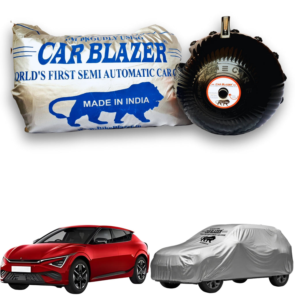 CarBlazer semi automatic portable full body car cover delivering waterproof, dust proof and UV rays of Sun safe protection for luxury SUV rays of Suns parked outdoors for Kia EV6 all car models.