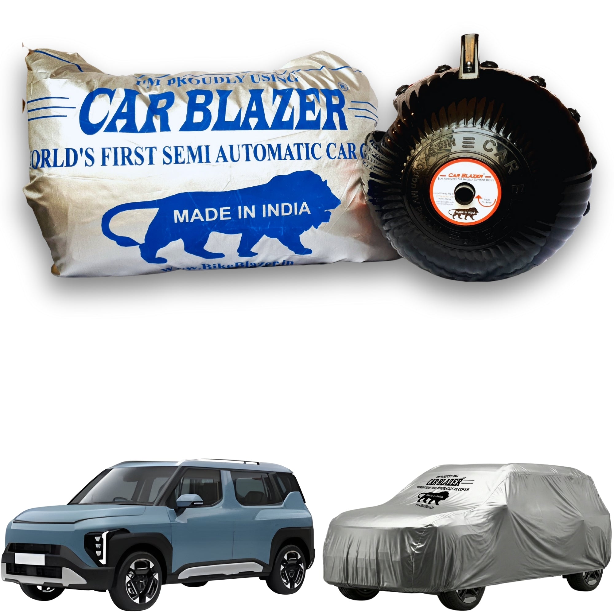 CarBlazer semi automatic portable full body car cover delivering waterproof, dust proof and UV rays of Sun safe protection for compact SUV rays of Suns parked outdoors for  all car models.for Kia Syros all car models.