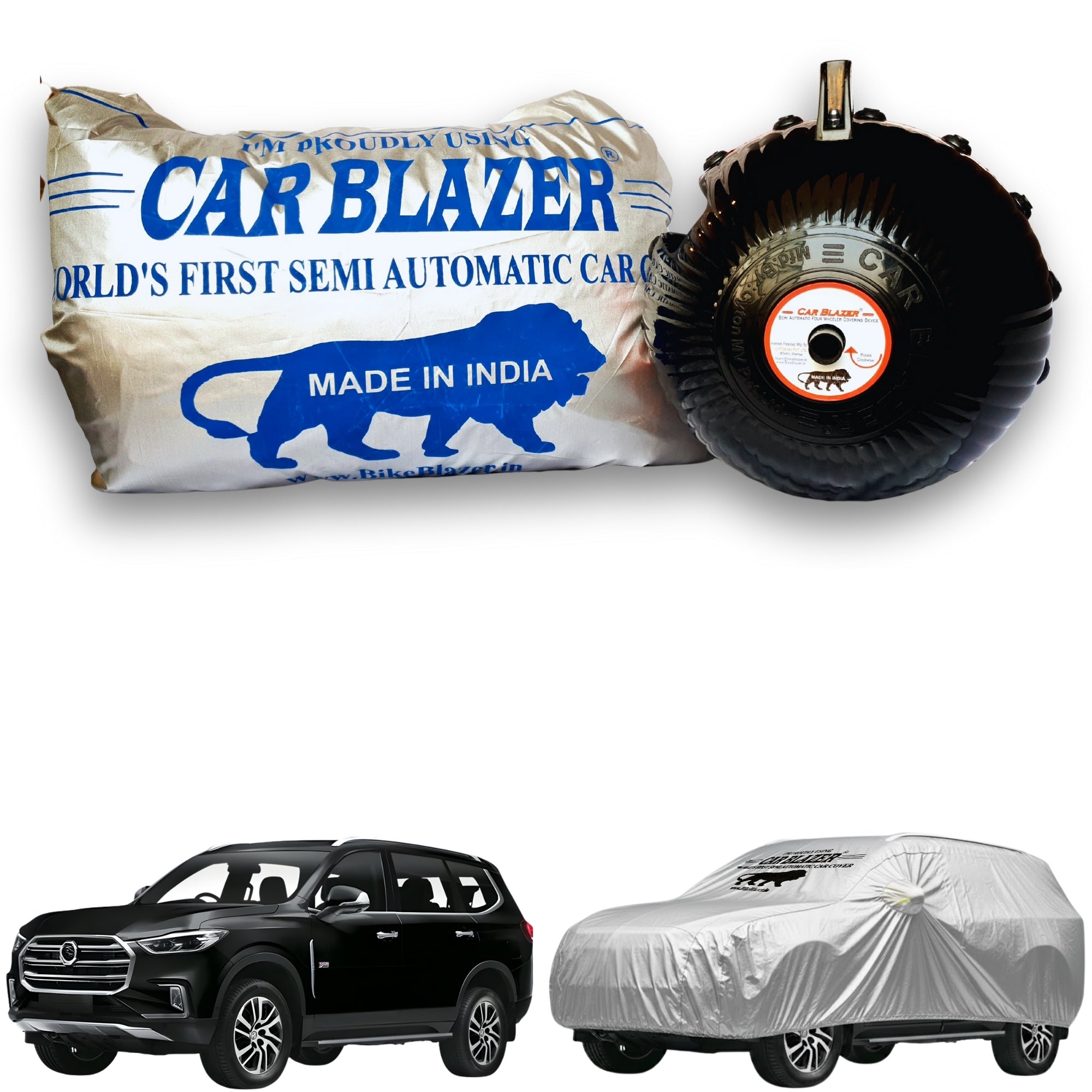 CarBlazer portable semi automatic car cover system delivering quick full body protection for luxury SUV rays of Suns with waterproof and tear resistant fabric Soft Scratproof, water, Dust & Wind resistant car coverfor MG Gloster all car models.