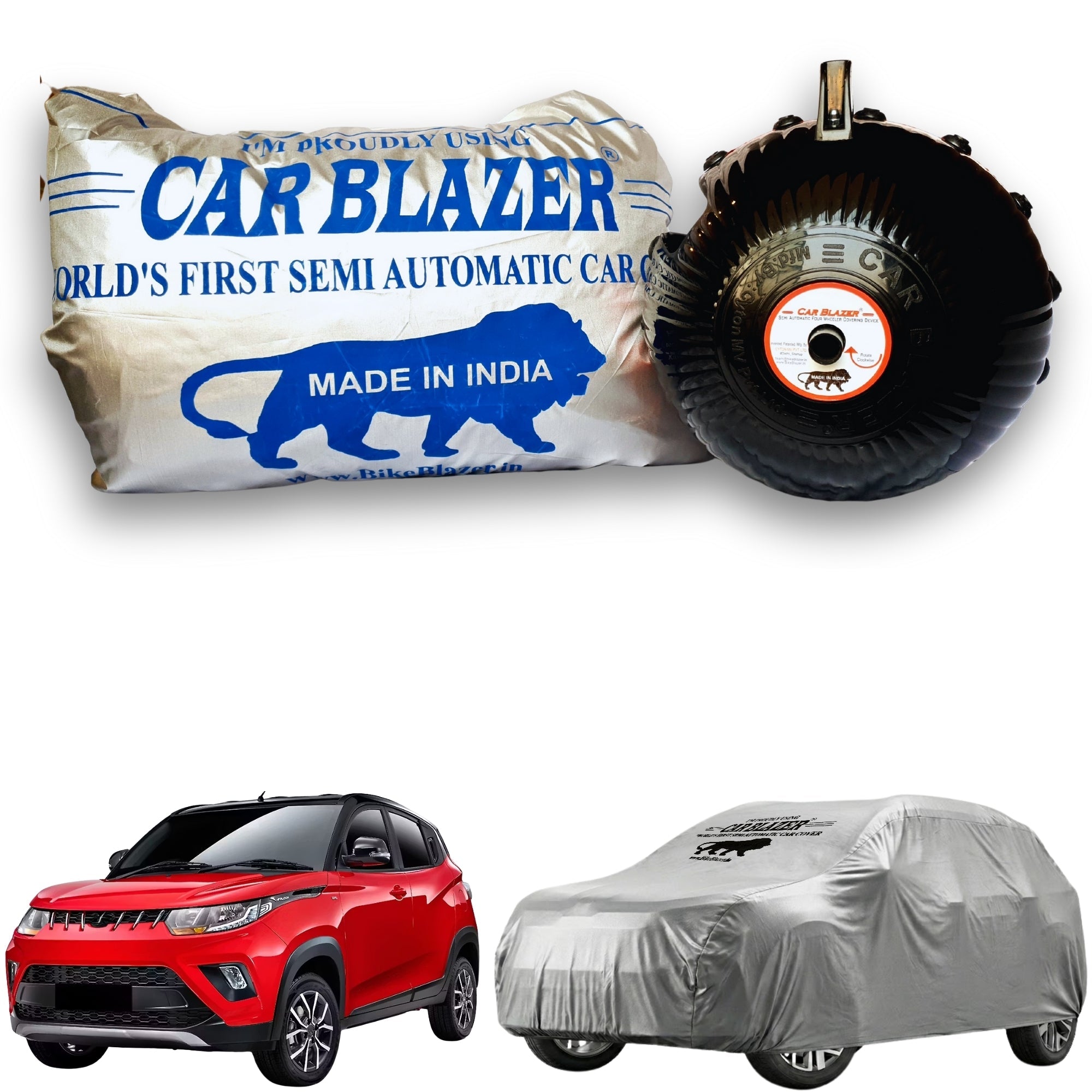 CarBlazer semi automatic portable waterproof full body car cover for compact SUV rays of Suns with secure elastic fitting, outdoor weather protection and long lasting vehicle care for Mahindra KUV100 all car models.